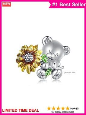 Gold-plated 925 Sterling Silver Bear Sunflower Charm for Bracelet Necklace